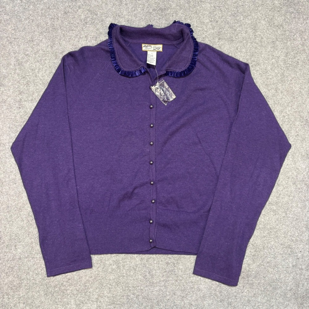 Heirloom Collectibles Purple Velvet Trim Peter Pan Collar Cardigan Sweater Large